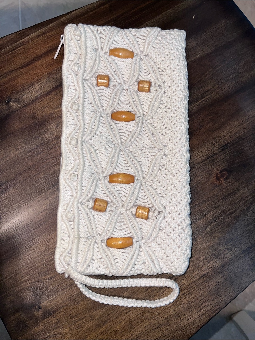 VTG Boho Macramé Wristlet Clutch Cream Wood Bead Accents